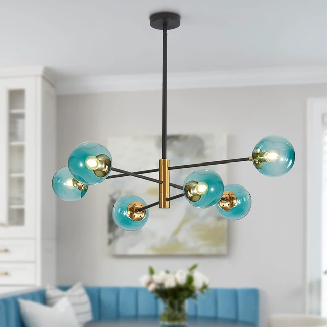 Main image of BOKT Modern 6-Lights Blue Glass Ball Sputnik Chandelier Mid-Century Black Gold Flush Mount Chandelier Vintage Large Globe Sputnik Chandelier Kitchen Island Pendant Light