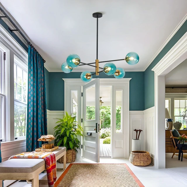 Alt view image 2 of 7 - BOKT Modern 6-Lights Blue Glass Ball Sputnik Chandelier Mid-Century Black Gold Flush Mount Chandelier Vintage Large Globe Sputnik Chandelier Kitchen Island Pendant Light