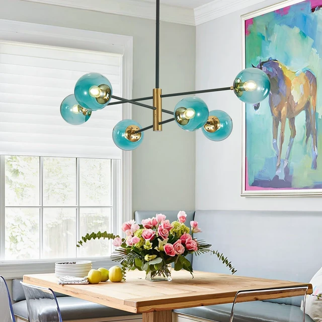 Alt view image 3 of 7 - BOKT Modern 6-Lights Blue Glass Ball Sputnik Chandelier Mid-Century Black Gold Flush Mount Chandelier Vintage Large Globe Sputnik Chandelier Kitchen Island Pendant Light