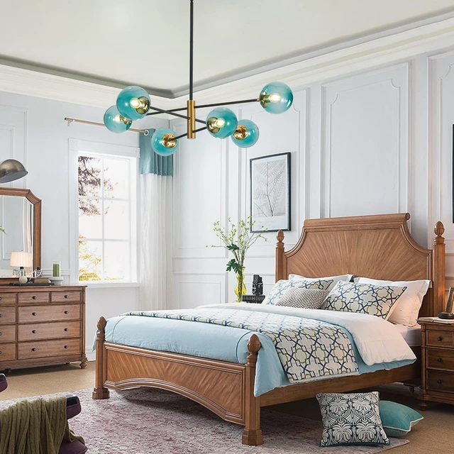 Alt view image 4 of 7 - BOKT Modern 6-Lights Blue Glass Ball Sputnik Chandelier Mid-Century Black Gold Flush Mount Chandelier Vintage Large Globe Sputnik Chandelier Kitchen Island Pendant Light