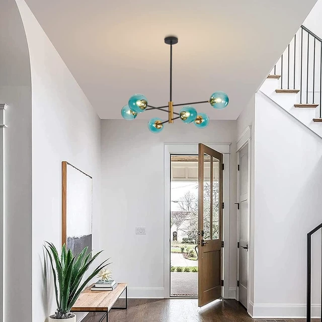 Alt view image 5 of 7 - BOKT Modern 6-Lights Blue Glass Ball Sputnik Chandelier Mid-Century Black Gold Flush Mount Chandelier Vintage Large Globe Sputnik Chandelier Kitchen Island Pendant Light