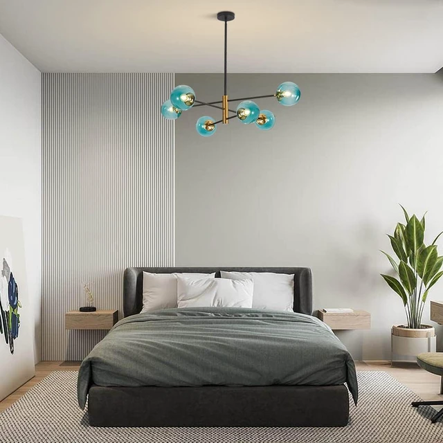 Alt view image 6 of 7 - BOKT Modern 6-Lights Blue Glass Ball Sputnik Chandelier Mid-Century Black Gold Flush Mount Chandelier Vintage Large Globe Sputnik Chandelier Kitchen Island Pendant Light