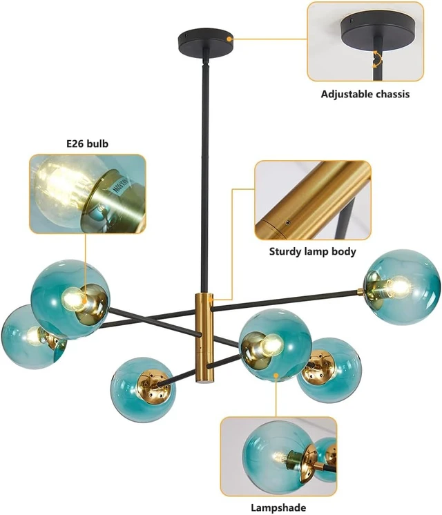 Alt view image 7 of 7 - BOKT Modern 6-Lights Blue Glass Ball Sputnik Chandelier Mid-Century Black Gold Flush Mount Chandelier Vintage Large Globe Sputnik Chandelier Kitchen Island Pendant Light