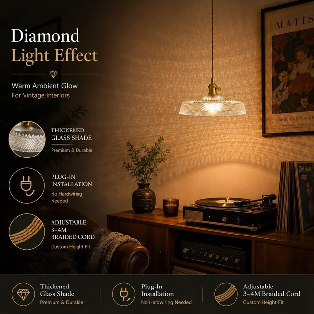 Alt view image 2 of 7 - Vintage Plug in Pendant Light with Thickened Clear Glass Shade, Water-Like Light Reflection Adjustable Gold Braided Cord, Decorative Cozy Lighting for Kitchen Island, Dining Room & Entryway