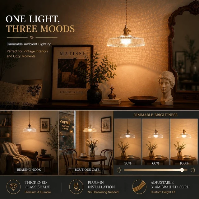 Alt view image 3 of 7 - Vintage Plug in Pendant Light with Thickened Clear Glass Shade, Water-Like Light Reflection Adjustable Gold Braided Cord, Decorative Cozy Lighting for Kitchen Island, Dining Room & Entryway
