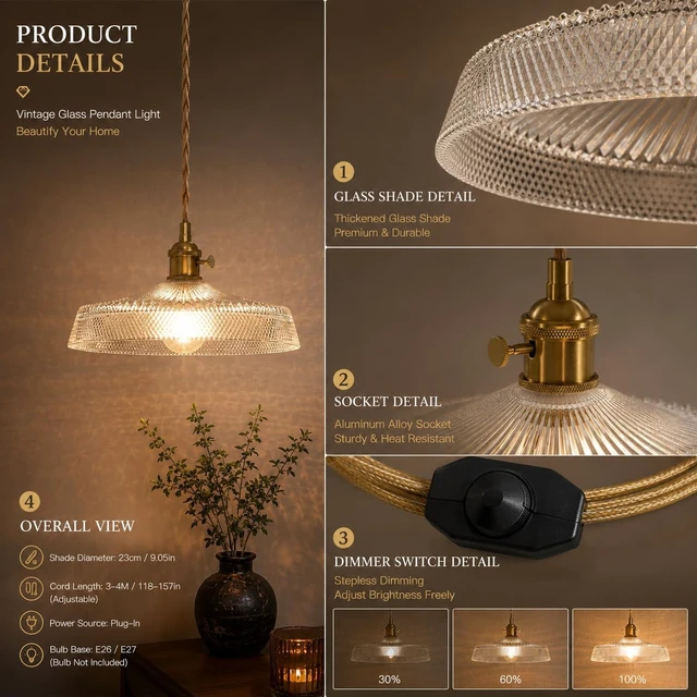 Alt view image 6 of 7 - Vintage Plug in Pendant Light with Thickened Clear Glass Shade, Water-Like Light Reflection Adjustable Gold Braided Cord, Decorative Cozy Lighting for Kitchen Island, Dining Room & Entryway