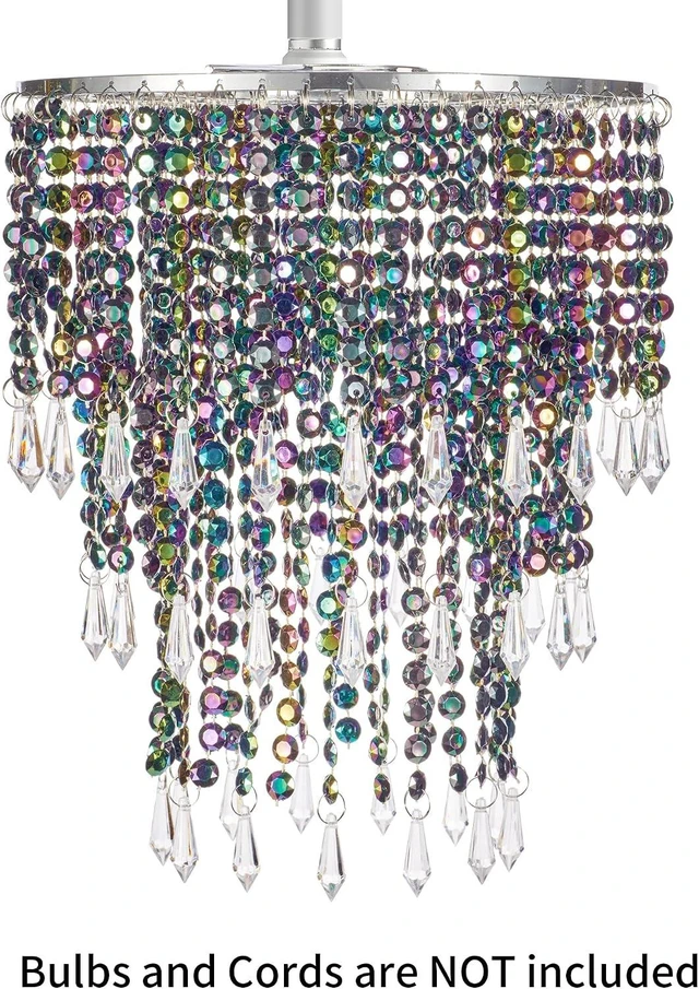 Alt view image 2 of 7 - Waneway Acrylic Chandelier Shade, Ceiling Light Shade Beaded Pendant Lampshade with Crystal Beads and Chrome Frame for Bedroom, Wedding or Party Decoration, Diameter 8.7 inches, 3 Tiers, Multicolor