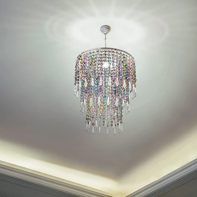 Alt view image 6 of 7 - Waneway Acrylic Chandelier Shade, Ceiling Light Shade Beaded Pendant Lampshade with Crystal Beads and Chrome Frame for Bedroom, Wedding or Party Decoration, Diameter 8.7 inches, 3 Tiers, Multicolor