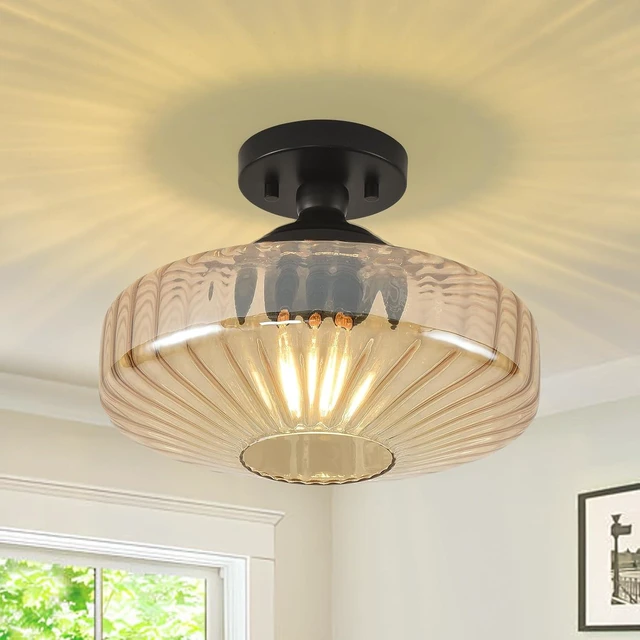 Main image of Amber Glass Vintage Light Fixture Ceiling Flush Mounted, 11.8in