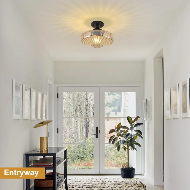 Alt view image 3 of 7 - Amber Glass Vintage Light Fixture Ceiling Flush Mounted, 11.8in