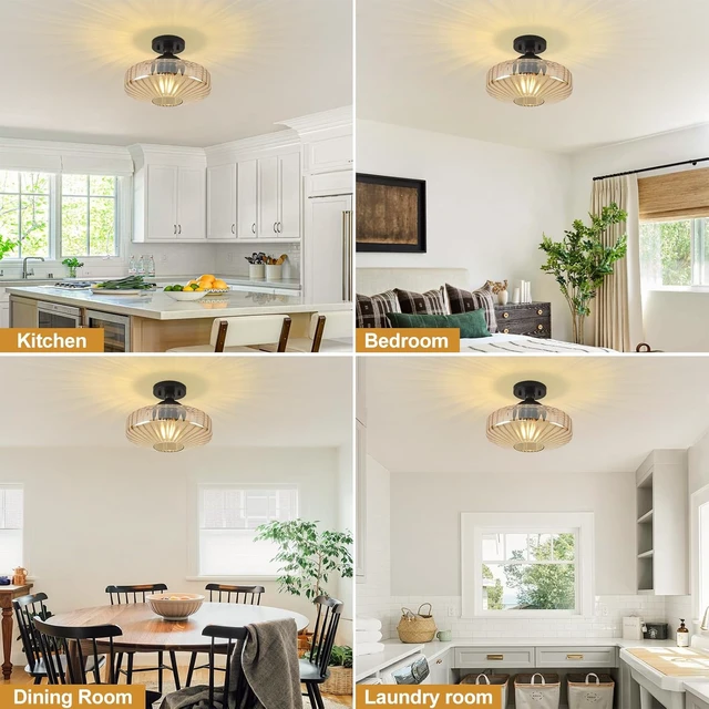Alt view image 4 of 7 - Amber Glass Vintage Light Fixture Ceiling Flush Mounted, 11.8in