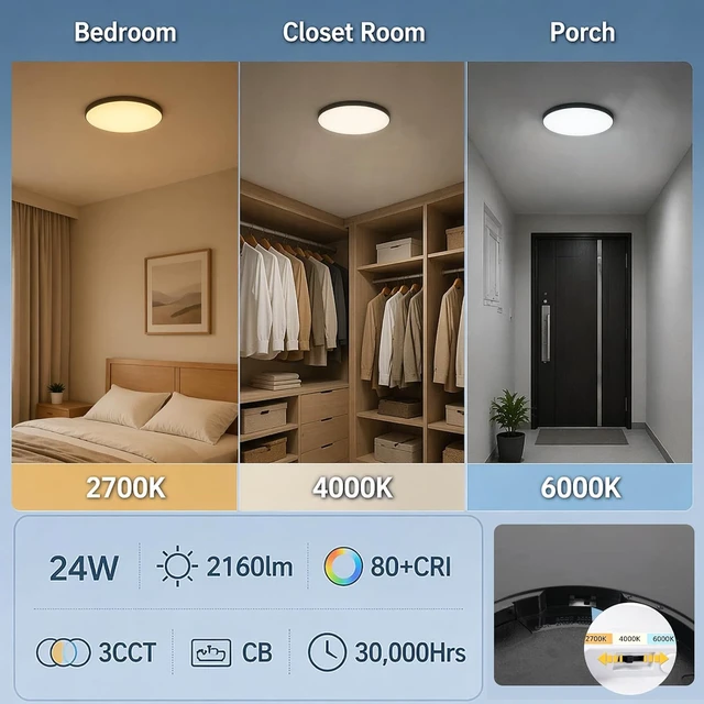 Alt view image 2 of 7 - 12Inch 6pack Black LED Flush Mount Ceiling Light, 24W 3CCT Selectable