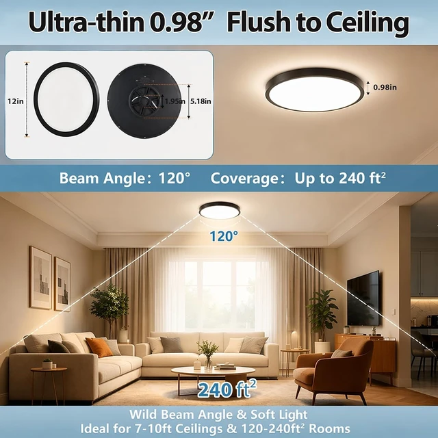 Alt view image 7 of 7 - 12Inch 6pack Black LED Flush Mount Ceiling Light, 24W 3CCT Selectable