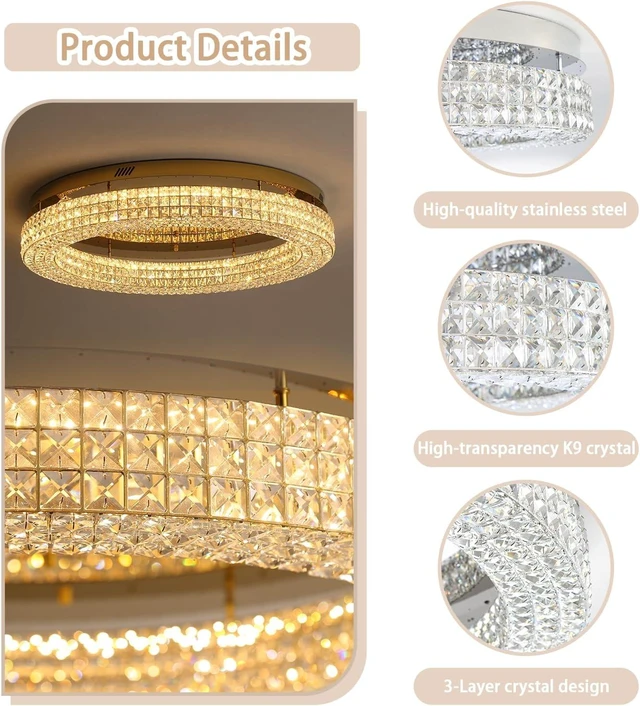 Alt view image 3 of 7 - ykolupty 24" Crystal Chandeliers,Round Chandelier for Living Room Modern Ceiling Chandelier Flush Mount Ceiling Light Fixtures for Foyer Bedrooms Dining Room Hallway