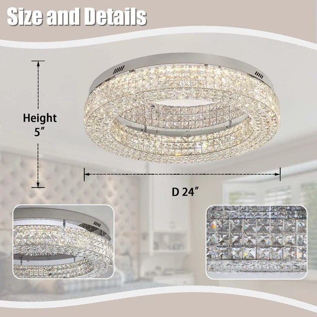 Alt view image 5 of 7 - ykolupty 24" Crystal Chandeliers,Round Chandelier for Living Room Modern Ceiling Chandelier Flush Mount Ceiling Light Fixtures for Foyer Bedrooms Dining Room Hallway