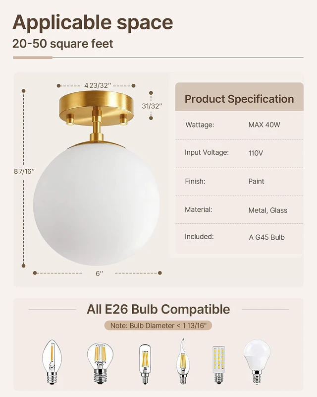 Alt view image 2 of 7 - Majade Semi Flush Mount Ceiling Light 6" Globe Gold Modern Light Fixture