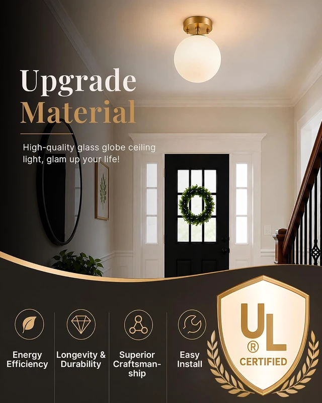 Alt view image 4 of 7 - Majade Semi Flush Mount Ceiling Light 6" Globe Gold Modern Light Fixture