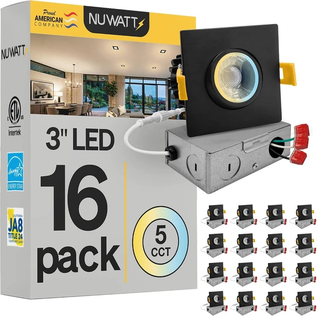 Main image of NUWATT 16 PK 3 Inch Black Square Gimbal LED Recessed Lights CCT 2700K-5000K