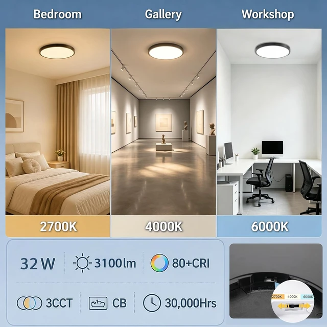 Alt view image 2 of 7 - 16 Inch 32W LED Flush Mount Ceiling Light, 3060LM 3CCT Selectable, 2Pack