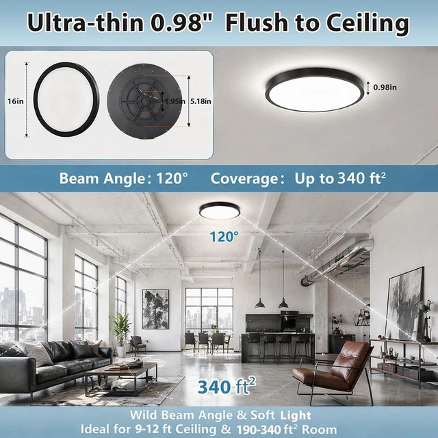 Alt view image 7 of 7 - 16 Inch 32W LED Flush Mount Ceiling Light, 3060LM 3CCT Selectable, 2Pack