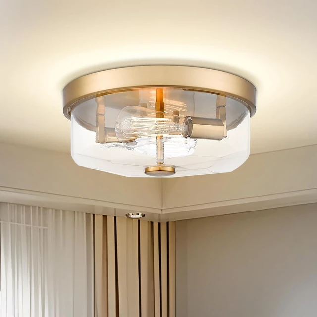 Alt view image 3 of 7 - Gold Flush Mount Ceiling Light, 2-Light Hallway Light Fixtures, Modern Farmhouse Farmhouse Ceiling Light Clear Glass Brushed Gold Finish for Kitchen Porch Entryway