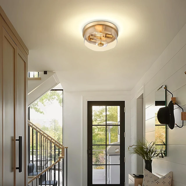 Alt view image 6 of 7 - Gold Flush Mount Ceiling Light, 2-Light Hallway Light Fixtures, Modern Farmhouse Farmhouse Ceiling Light Clear Glass Brushed Gold Finish for Kitchen Porch Entryway