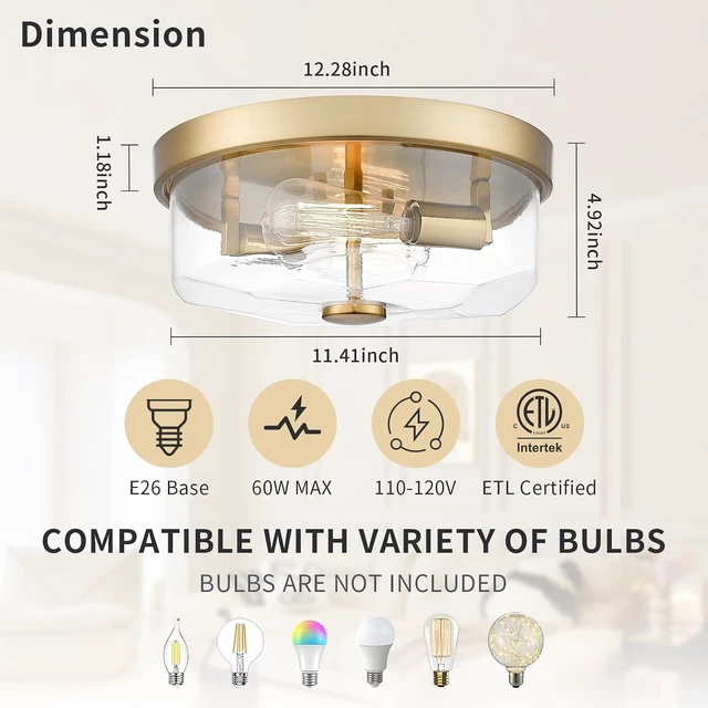 Alt view image 2 of 7 - Gold Flush Mount Ceiling Light, 2-Light Hallway Light Fixtures, Modern Farmhouse Farmhouse Ceiling Light Clear Glass Brushed Gold Finish for Kitchen Porch Entryway