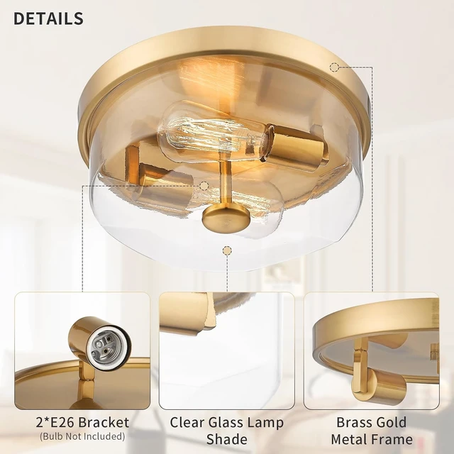 Alt view image 4 of 7 - Gold Flush Mount Ceiling Light, 2-Light Hallway Light Fixtures, Modern Farmhouse Farmhouse Ceiling Light Clear Glass Brushed Gold Finish for Kitchen Porch Entryway