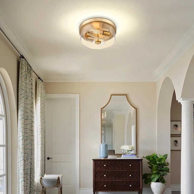 Alt view image 7 of 7 - Gold Flush Mount Ceiling Light, 2-Light Hallway Light Fixtures, Modern Farmhouse Farmhouse Ceiling Light Clear Glass Brushed Gold Finish for Kitchen Porch Entryway