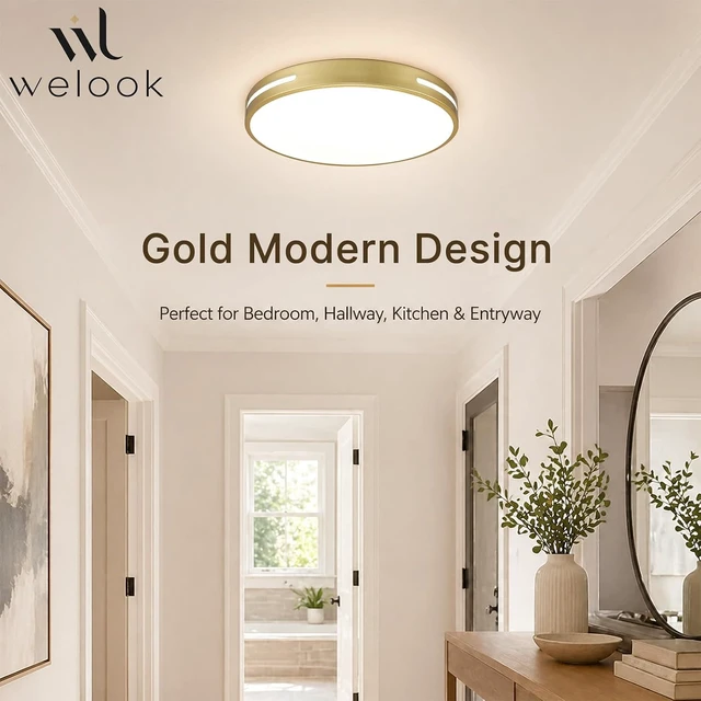 Alt view image 2 of 7 - Gold Flush Mount Ceiling Light 16 Inch, Modern LED Ceiling Light Fixture, 24W Dimmable Round Ceiling Light for Living Room, Bedroom, Hallway, Kitchen