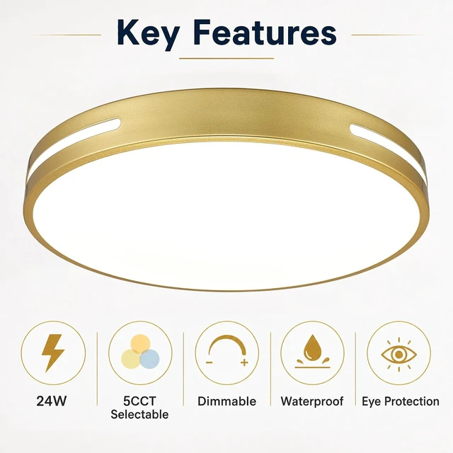 Alt view image 3 of 7 - Gold Flush Mount Ceiling Light 16 Inch, Modern LED Ceiling Light Fixture, 24W Dimmable Round Ceiling Light for Living Room, Bedroom, Hallway, Kitchen