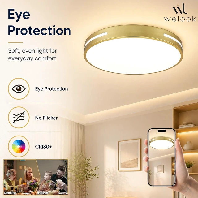 Alt view image 7 of 7 - Gold Flush Mount Ceiling Light 16 Inch, Modern LED Ceiling Light Fixture, 24W Dimmable Round Ceiling Light for Living Room, Bedroom, Hallway, Kitchen
