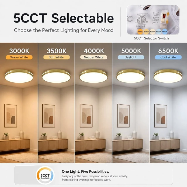 Alt view image 5 of 7 - Gold Flush Mount LED Ceiling Light 20 Inch, Dimmable Ceiling Light Fixture 48W with 5CCT for Kitchen, Bedroom & Living Room