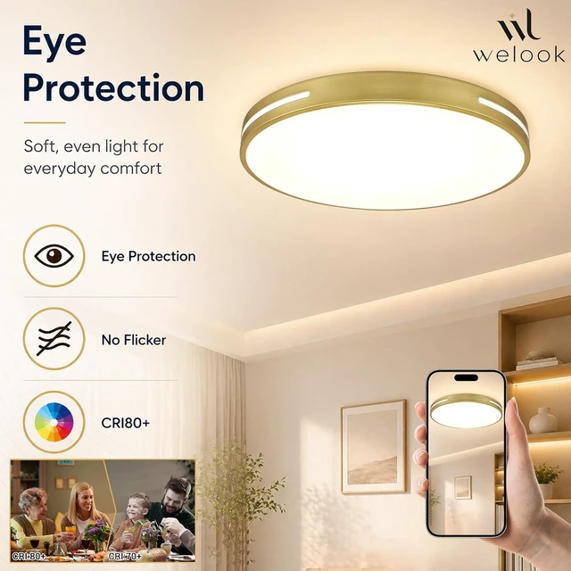 Alt view image 7 of 7 - Gold Flush Mount LED Ceiling Light 20 Inch, Dimmable Ceiling Light Fixture 48W with 5CCT for Kitchen, Bedroom & Living Room