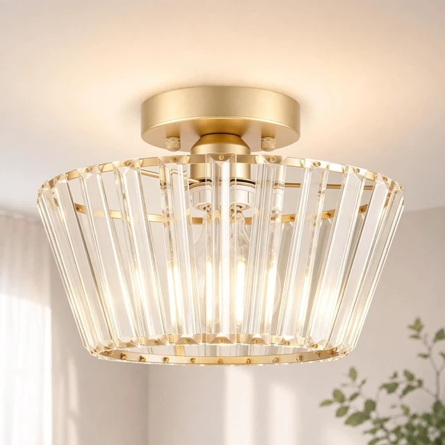 Main image of Lxybcce 10.8-Inch Crystal Semi Flush Mount Ceiling Light, Gold Beveled Crystal Ceiling Light Fixture for Hallway, Entryway, Kitchen and Small Spaces, E26 Base, Bulb Not Included