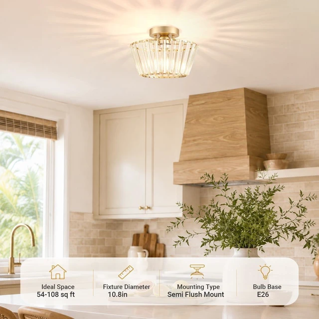Alt view image 2 of 7 - Lxybcce 10.8-Inch Crystal Semi Flush Mount Ceiling Light, Gold Beveled Crystal Ceiling Light Fixture for Hallway, Entryway, Kitchen and Small Spaces, E26 Base, Bulb Not Included