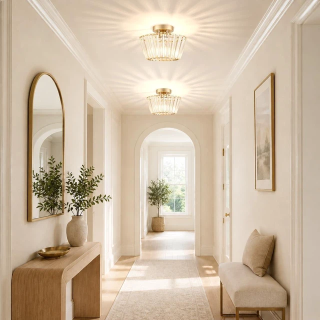 Alt view image 3 of 7 - Lxybcce 10.8-Inch Crystal Semi Flush Mount Ceiling Light, Gold Beveled Crystal Ceiling Light Fixture for Hallway, Entryway, Kitchen and Small Spaces, E26 Base, Bulb Not Included