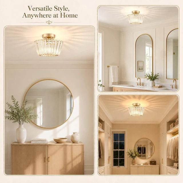 Alt view image 4 of 7 - Lxybcce 10.8-Inch Crystal Semi Flush Mount Ceiling Light, Gold Beveled Crystal Ceiling Light Fixture for Hallway, Entryway, Kitchen and Small Spaces, E26 Base, Bulb Not Included