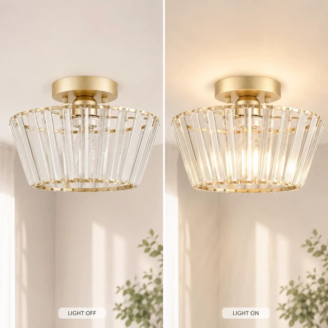 Alt view image 5 of 7 - Lxybcce 10.8-Inch Crystal Semi Flush Mount Ceiling Light, Gold Beveled Crystal Ceiling Light Fixture for Hallway, Entryway, Kitchen and Small Spaces, E26 Base, Bulb Not Included