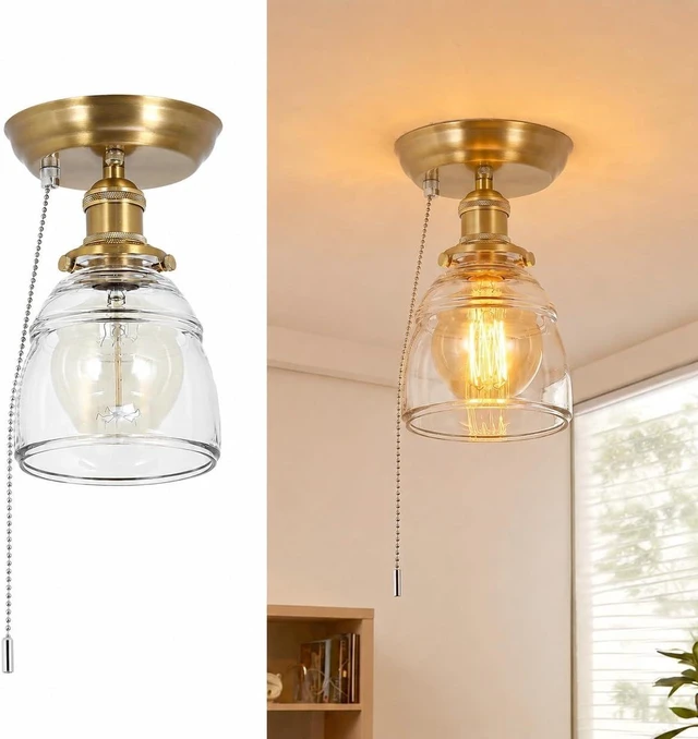 Main image of KEESFU Semi Flush Mount Ceiling Light in Gold Bronze, Vintage Glass Ceiling Light with Pull Chain Switch, Modern Glass Ceiling Light Fixture for Bedroom, Kitchen, Hallway, Entryway