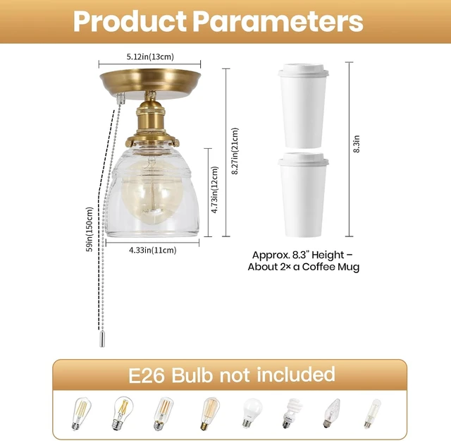 Alt view image 2 of 7 - KEESFU Semi Flush Mount Ceiling Light in Gold Bronze, Vintage Glass Ceiling Light with Pull Chain Switch, Modern Glass Ceiling Light Fixture for Bedroom, Kitchen, Hallway, Entryway