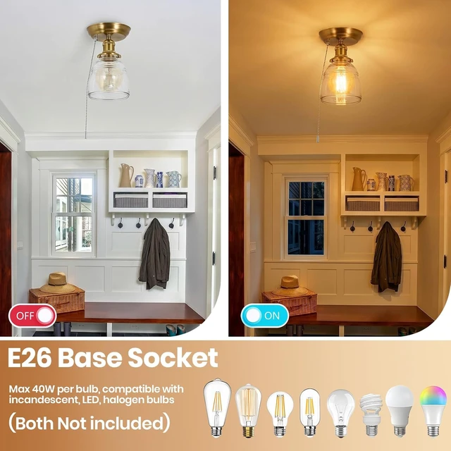 Alt view image 4 of 7 - KEESFU Semi Flush Mount Ceiling Light in Gold Bronze, Vintage Glass Ceiling Light with Pull Chain Switch, Modern Glass Ceiling Light Fixture for Bedroom, Kitchen, Hallway, Entryway