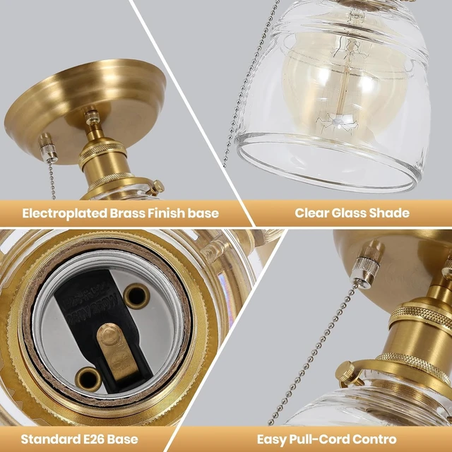 Alt view image 5 of 7 - KEESFU Semi Flush Mount Ceiling Light in Gold Bronze, Vintage Glass Ceiling Light with Pull Chain Switch, Modern Glass Ceiling Light Fixture for Bedroom, Kitchen, Hallway, Entryway