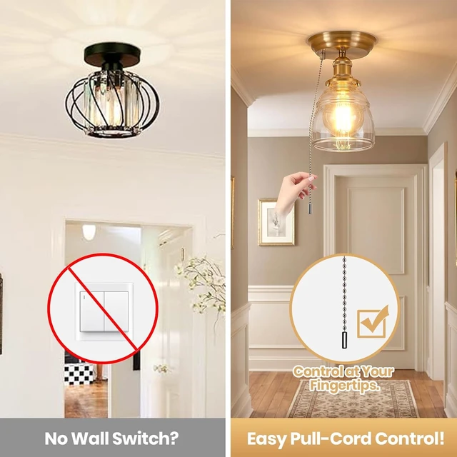 Alt view image 6 of 7 - KEESFU Semi Flush Mount Ceiling Light in Gold Bronze, Vintage Glass Ceiling Light with Pull Chain Switch, Modern Glass Ceiling Light Fixture for Bedroom, Kitchen, Hallway, Entryway