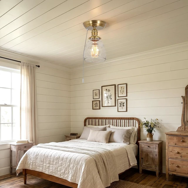 Alt view image 7 of 7 - KEESFU Semi Flush Mount Ceiling Light in Gold Bronze, Vintage Glass Ceiling Light with Pull Chain Switch, Modern Glass Ceiling Light Fixture for Bedroom, Kitchen, Hallway, Entryway
