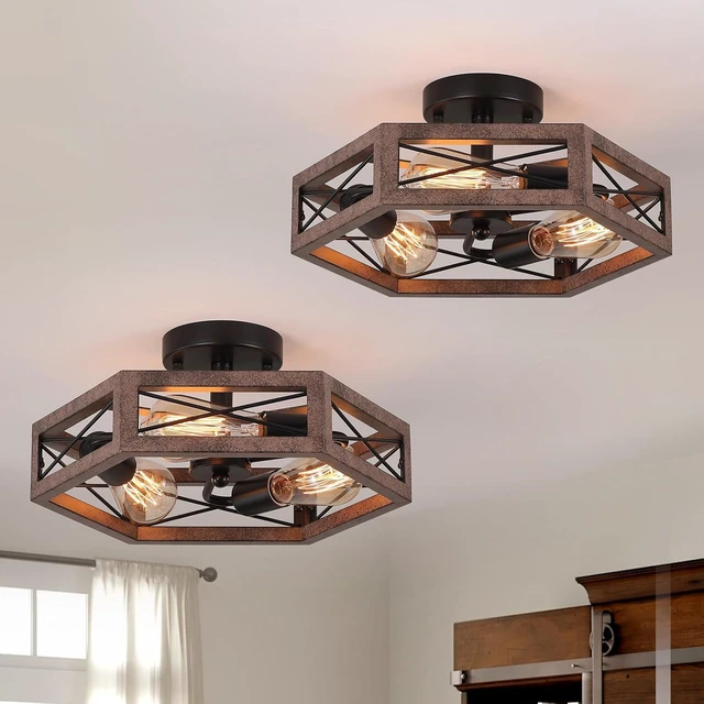 Main image of 2 Pack 3-Light Rustic Farmhouse Metal Flush Mount Ceiling Light Fixture 14.5 inch Antique Oak Hexagon Cage Semi Flush Mount Ceiling Light for Hallway Hall Entry Bedroom Kitchen Farmhouse, Black