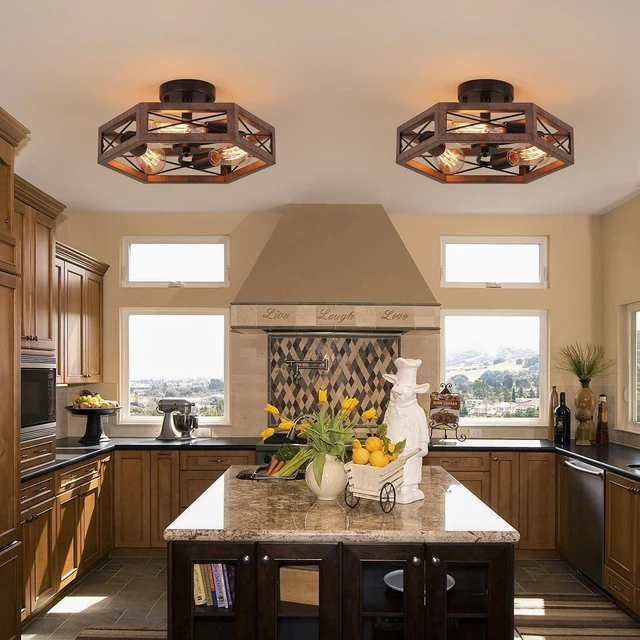 Alt view image 2 of 7 - 2 Pack 3-Light Rustic Farmhouse Metal Flush Mount Ceiling Light Fixture 14.5 inch Antique Oak Hexagon Cage Semi Flush Mount Ceiling Light for Hallway Hall Entry Bedroom Kitchen Farmhouse, Black