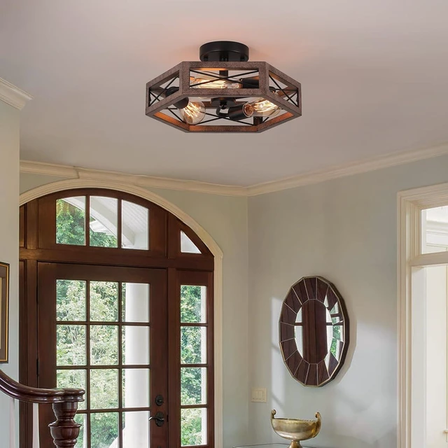 Alt view image 3 of 7 - 2 Pack 3-Light Rustic Farmhouse Metal Flush Mount Ceiling Light Fixture 14.5 inch Antique Oak Hexagon Cage Semi Flush Mount Ceiling Light for Hallway Hall Entry Bedroom Kitchen Farmhouse, Black