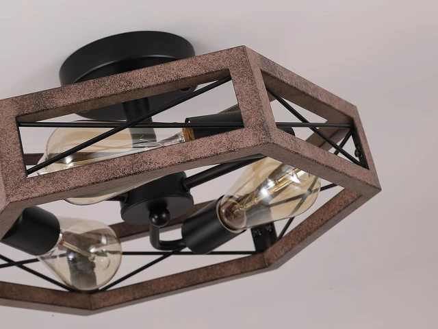 Alt view image 5 of 7 - 2 Pack 3-Light Rustic Farmhouse Metal Flush Mount Ceiling Light Fixture 14.5 inch Antique Oak Hexagon Cage Semi Flush Mount Ceiling Light for Hallway Hall Entry Bedroom Kitchen Farmhouse, Black