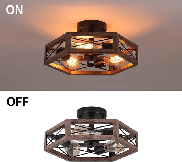 Alt view image 7 of 7 - 2 Pack 3-Light Rustic Farmhouse Metal Flush Mount Ceiling Light Fixture 14.5 inch Antique Oak Hexagon Cage Semi Flush Mount Ceiling Light for Hallway Hall Entry Bedroom Kitchen Farmhouse, Black